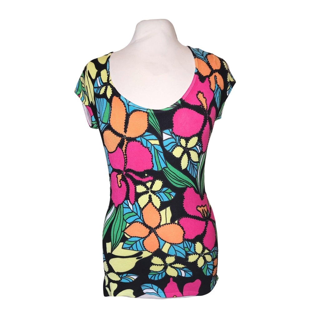 VTG Cache Y2K Multicolor Tropical Floral Hibiscus Beaded Stretch Tunic Blouse M